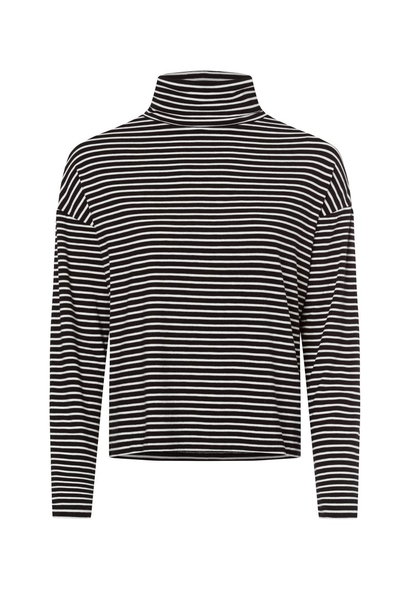 Zwart-wit gestreepte langemouwen turtleneck top met een cropped ontwerp. Zachte stof met een gladde textuur en brede kraag.