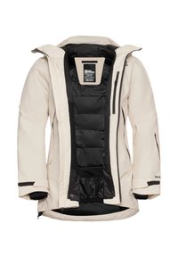 Veste imperméable beige avec doublure en duvet noire, poignets ajustables et plusieurs poches. Dotée d'un col haut et d'une fermeture éclair à l'avant.