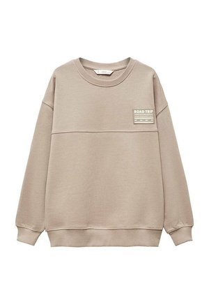 Beżowa bluza z długim rękawem, dekoltem typu crewneck, ściągaczami na mankietach i u dołu oraz małą naszywką "ROAD TRIP" na górnej lewej stronie klatki piersiowej.