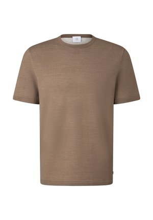 Bruine T-shirt met korte mouwen en een ronde hals, met een effen, gladde textuur en een klein rond label bij de halslijn.