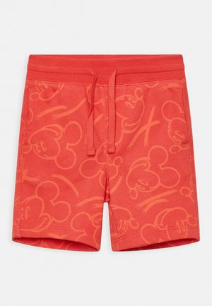 Shorts en coton rouge avec un motif intégral d'illustrations de Mickey Mouse, taille élastique et détail avec cordon de serrage.