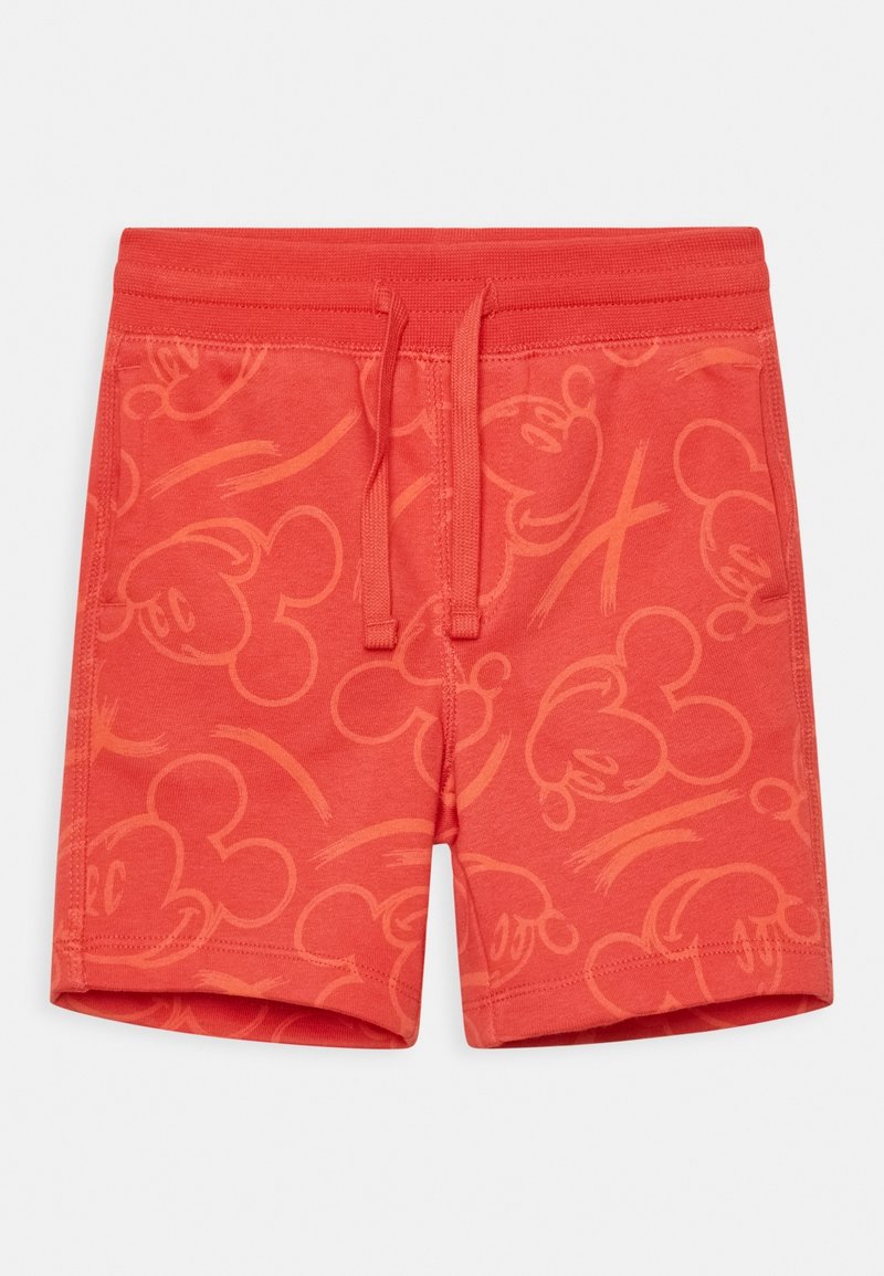 Shorts en coton rouge avec un motif intégral d'illustrations de Mickey Mouse, taille élastique et détail avec cordon de serrage.