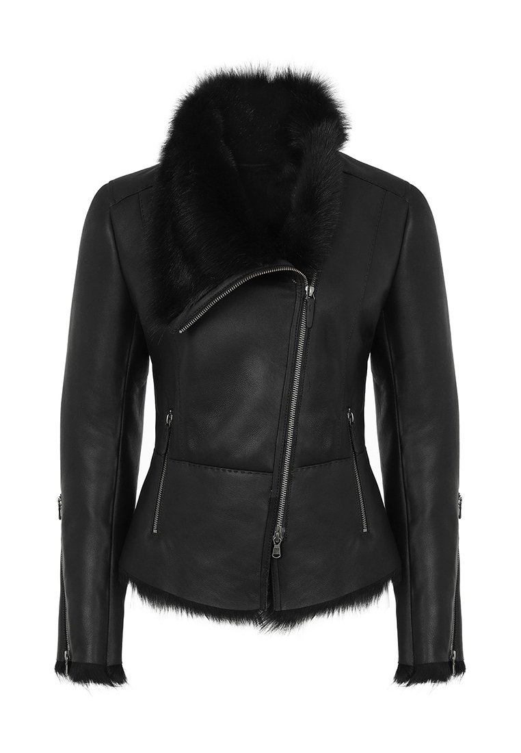Czarna skórzana kurtka z futrzanym kołnierzem, asymetrycznym zamkiem błyskawicznym i dwiema przednimi kieszeniami. Charakteryzuje się gładką teksturą i metalowymi akcentami.
