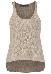 Débardeur beige en maille sans manches avec encolure arrondie et ourlet arrière légèrement plus long, taille small indiquée.
