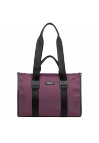 Borsa a spalla in tessuto viola con manici neri e dettagli in pelle. Presenta una forma rettangolare e un'etichetta con il marchio sul davanti. Texture liscia.