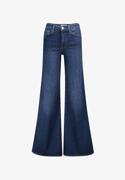 Mørkeblå denim bukser med vide ben og høy midje, fem lommer, metallknapplukking og kontrastsøm langs sømmene.