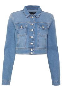 Avskuren denimjacka i ljusblått. Har knappstängning, två bröstfickor och långa ärmar med klassisk krage samt lätt blekningsdetaljer.