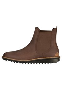 Bottes Chelsea en cuir marron avec panneaux latéraux élastiques et finition texturée. Présentent un accent contrastant tan au talon et une semelle rainurée.