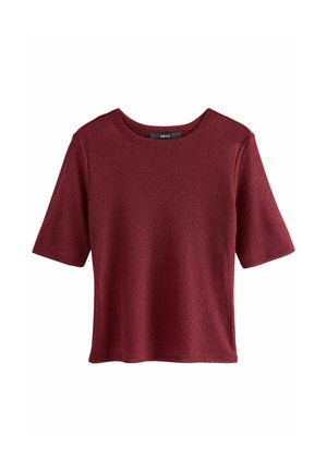 Burgundy short-sleeve knit top with a round neckline, featuring a textured fabric and a relaxed fit. No patterns or accents present.