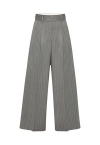 Gray wide-leg trousers with vertical white stripes, featuring a high waist, button closure, and tailored design. Smooth fabric texture.