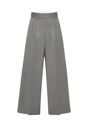 Gray wide-leg trousers with vertical white stripes, featuring a high waist, button closure, and tailored design. Smooth fabric texture.