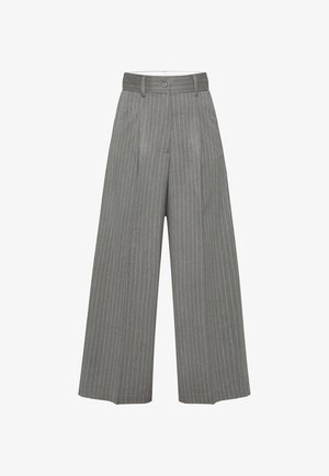 Gray wide-leg trousers with vertical white stripes, featuring a high waist, button closure, and tailored design. Smooth fabric texture.
