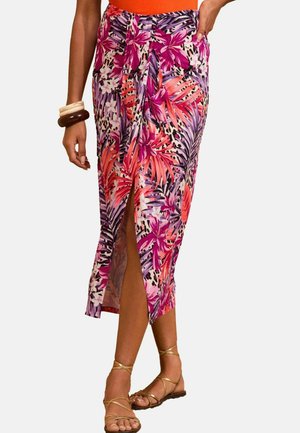 Florale Midi-Rock mit lebhaften Mustern in Pink, Orange und Lila, seitlichem Schlitz und gebundenem Taillendetail. Hergestellt aus leichtem Stoff.