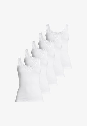 Viisi valkoista puuvillaa olevaa toppia, joissa on pitsireunus kaula-aukossa, ja joissa on tiukka malli sekä leveät olkaimet.