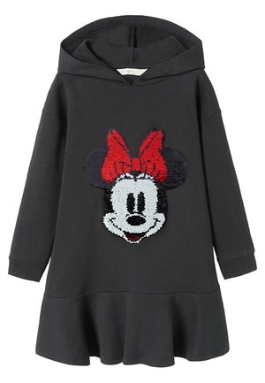 Vestido sudadera negro con un diseño de Minnie Mouse en lentejuelas en rojo y blanco, con un dobladillo acampanado y mangas largas.