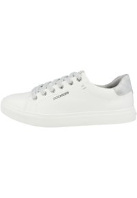 White leather sneakers with silver detailing, round toe, lace-up closure, and textured rubber sole. Features "Dockers" branding on the side.