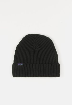 Black knitted beanie hat with ribbed texture, fold-up cuff, and small purple Patagonia logo on the side.