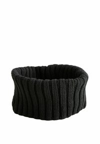 Schwarzer gestrickter Korb mit Rippendesign. Weiche Textur, zylindrische Form und offener Rand, geeignet für Aufbewahrung oder Dekoration.