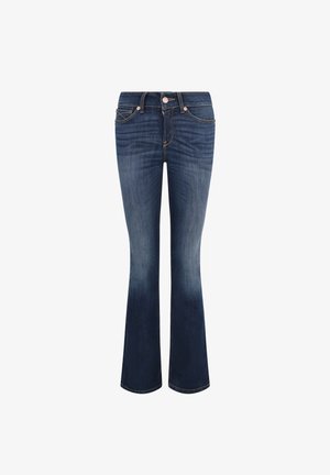 Helle Jeans mit weitem Bein aus blauer Denim, mittelhoher Taille, ausgestattet mit fünf Taschen, kontrastierenden Nähten und einem leicht ausgewaschenen Effekt.