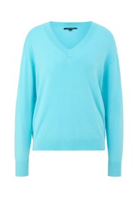 Pull bleu clair à manches longues avec col en V, poignets, ourlet et col côtelés, présenté sur un fond blanc uni.