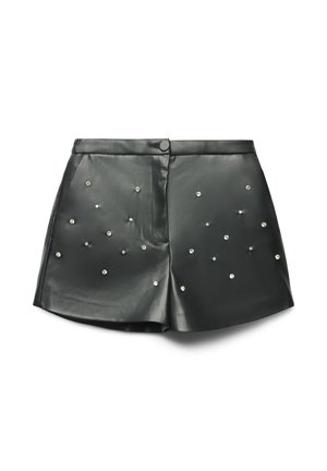 Black faux leather shorts featuring a button closure, side pockets, and decorative silver studs arranged in a scattered pattern.