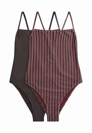 Two women's sleeveless bodysuits with thin straps; one solid dark brown, the other dark brown with white vertical stripes.