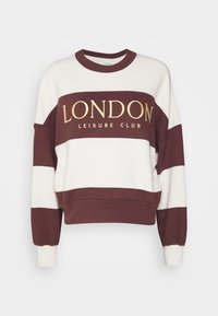 Sudadera a rayas en burdeos y blanco con cuello redondo. Presenta la inscripción dorada "LONDON LEISURE CLUB" en la parte delantera. Tejido suave.