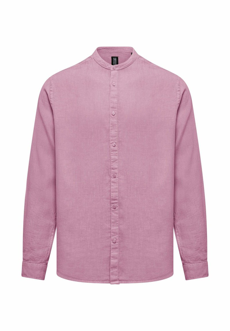 Roze langemouwen shirt van een lichtgewicht stof met een ronde kraag en een front afsluiting met knopen. Kenmerkt zich door een effen textuur en met knopen sluitende manchetten.