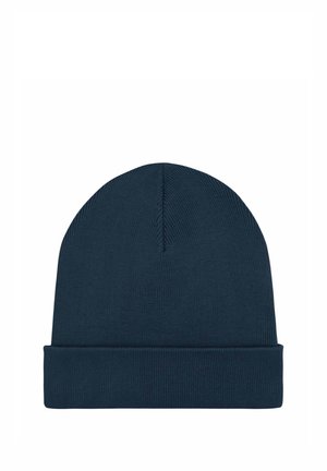 Căciulă tricotată de culoare albastru închis, cu textură netedă, croială strânsă și manșetă pliabilă la bază. Design simplu, neornamentat.