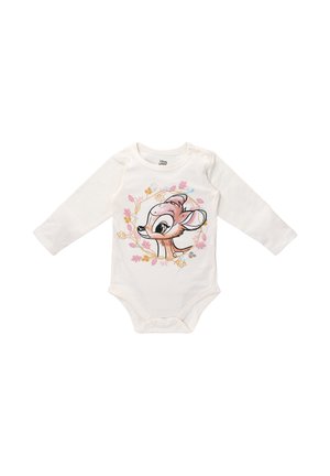 White long-sleeve bodysuit featuring a cartoon deer graphic surrounded by floral accents in pink, yellow, and brown. Snap closure at the bottom.