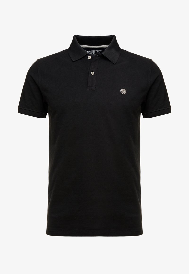 Polo noir à manches courtes avec col, patte à deux boutons et petit logo d'arbre blanc sur le côté gauche de la poitrine.