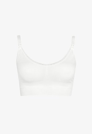 Soutien-gorge sans fil blanc avec un tissu lisse, des bretelles réglables et une finition en dentelle le long de l'encolure. Design simple et sans coutures, sans fermetures.