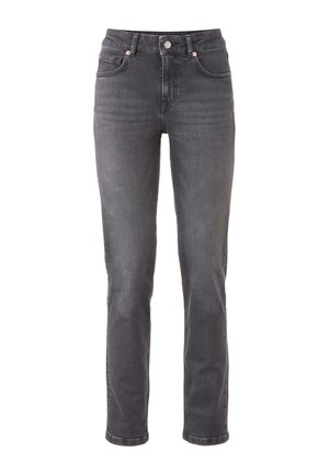 Jeans in denim grigio scuro con taglio dritto, cinque tasche, chiusura con bottone e dettagli di cucitura delicati sulla cintura e sulle cuciture.