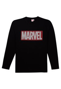 T-shirt a maniche lunghe nera con una grafica rossa e bianca del logo "MARVEL", con motivi intricati all'interno delle lettere. Materiale in cotone.