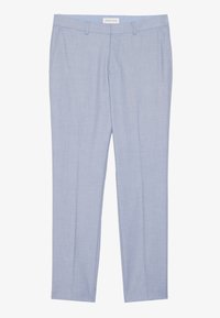 Helle blaue Hose mit glatter Textur, tailliertem Design, geradem Schnitt und zwei Seitentaschen. Etikett sichtbar am Bund.