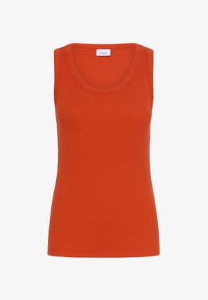 Orange, ribbet tanktop med rund halsudskæring og uden ærmer, lavet af blødt materiale. Simpelt design med en tætsiddende facon.
