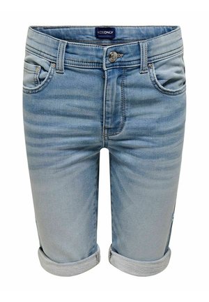 Short en denim bleu clair pour enfants avec revers roulés, bouton devant, fermeture éclair et design à cinq poches, étiqueté "KIDS ONLY" à la taille.