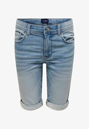 Lyseblå denim shorts til børn med opkrøllede kanter, frontknap, lynlås og design med fem lommer, mærket "KIDS ONLY" på linningen.