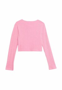 Roze geribbelde lange mouwen crop top met een ronde halslijn en een aansluitend ontwerp, met een gestructureerd oppervlak en zichtbare verticale strepen.