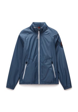 Navy blue lightweight jacket with a high collar, zippered front, and two side pockets. Features elastic cuffs and a badge on the left sleeve.