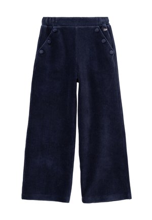 Pantaloni ampia in corduroy blu navy con una texture morbida, dotati di tasche anteriori e bottoni decorativi in vita e sulle tasche.