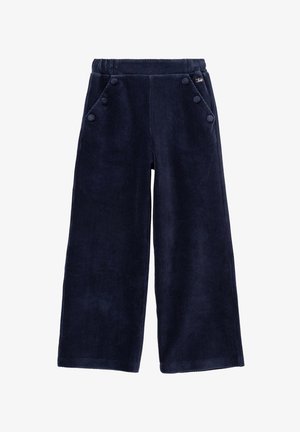 Pantaloni ampia in corduroy blu navy con una texture morbida, dotati di tasche anteriori e bottoni decorativi in vita e sulle tasche.