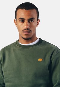 Grøn sweatshirt lavet af bomuldsblanding, med rund halsudskæring og en lille gul elefant broderet på brystet.