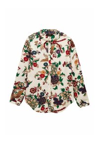 Long-sleeve cream button-up shirt with colorful floral and bird print in red, green, blue, and beige tones.