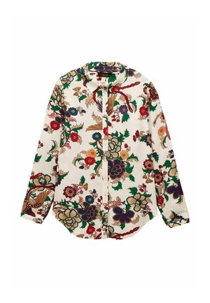 Langærmet cremefarvet skjorte med farverigt blomstermotiv og fugletryk i røde, grønne, blå og beige nuancer.