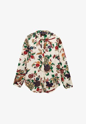 Camicia a maniche lunghe color crema con stampa floreale e di uccelli nei toni rosso, verde, blu e beige.
