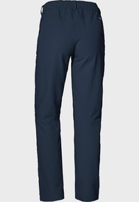 Marineblaue Outdoor-Hosen mit elastischem Bund, Slim-Fit, strapazierfähigem Material und kontrastierenden Nähten entlang der Seiten.
