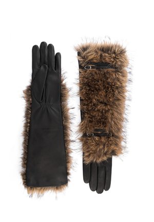 Pair of long black leather gloves with brown faux fur trim and zipped straps, one showing palm and the other showing back side.
