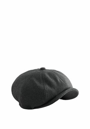 Gray wool cap with a rounded crown and a short curved brim, featuring a smooth texture and a top button detail.