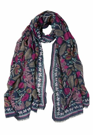 Marineblauer Schal mit pinken, beigen und türkisfarbenen Blumen- und Blattmustern sowie einem dekorativen gestreiften Rand mit kleinen weißen Blumen.
